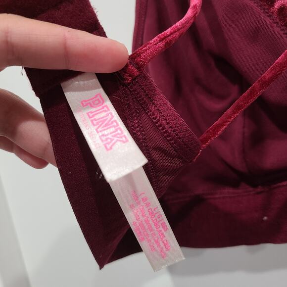 PINK Victoria's Secret Womens Sz L Burgundy Red Velvet Strappy Bralette Triangle - Picture 6 of 7